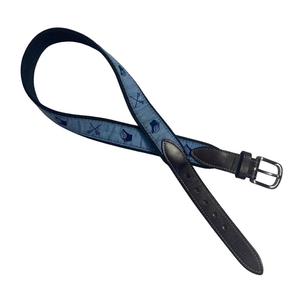 Vineyard Vines Mens Lacrosse Belt 28 Blue Brown Leather Nylon Brass Buckle